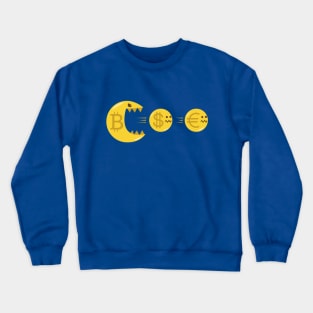 Funny Bitcoin Cartoon Eating Dollar and Euro Crypto Merch Pac Crewneck Sweatshirt